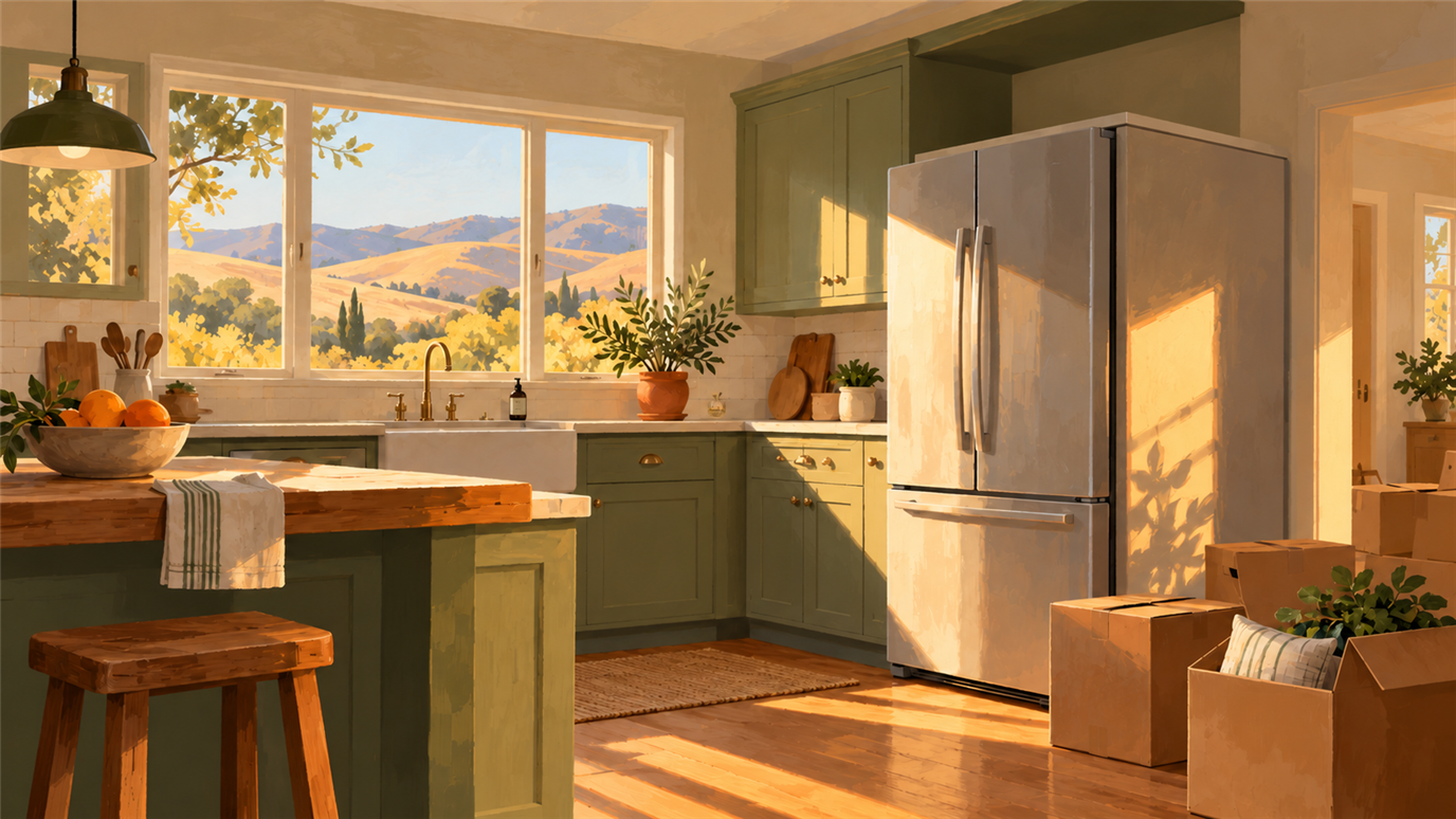 Illustration of a refrigerator in a hot inland South Bay kitchen, not a photo of a listed shop