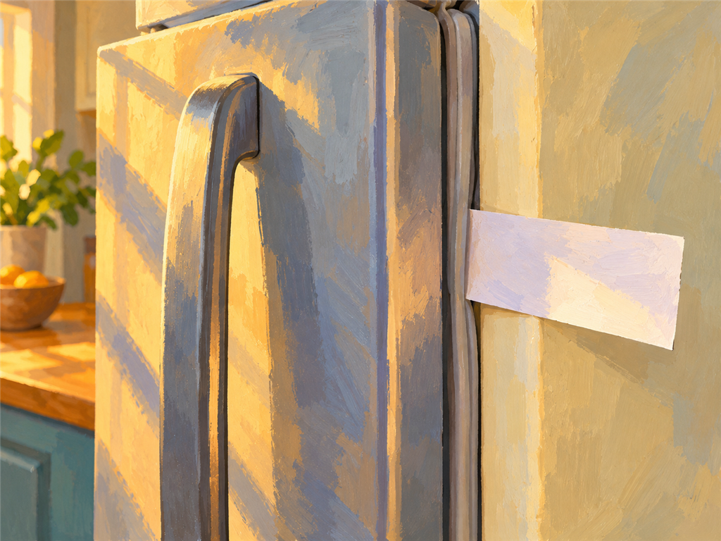 Illustration of a scrap of paper caught in a refrigerator door, not a photo of a listed shop